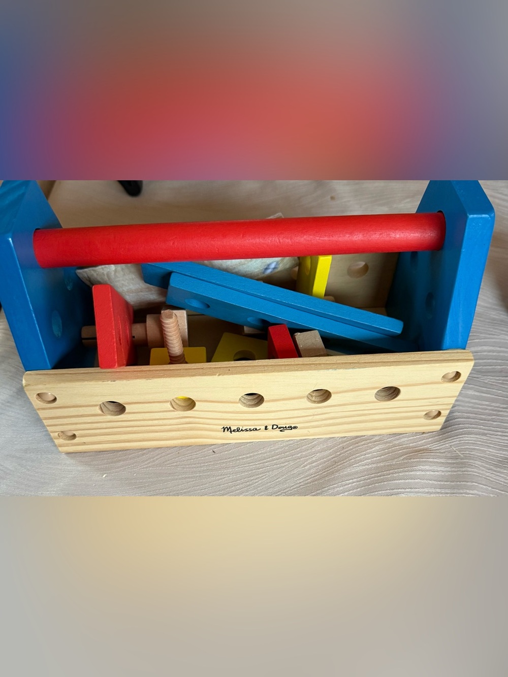 Melissa & Doug Wooden Tool Box Set - Red, Blue, Yellow, Natural Wood guc 3+